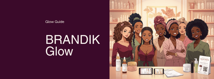 BrandiK Glow Guide concept artwork featuring a multigenerational group of beauty guides